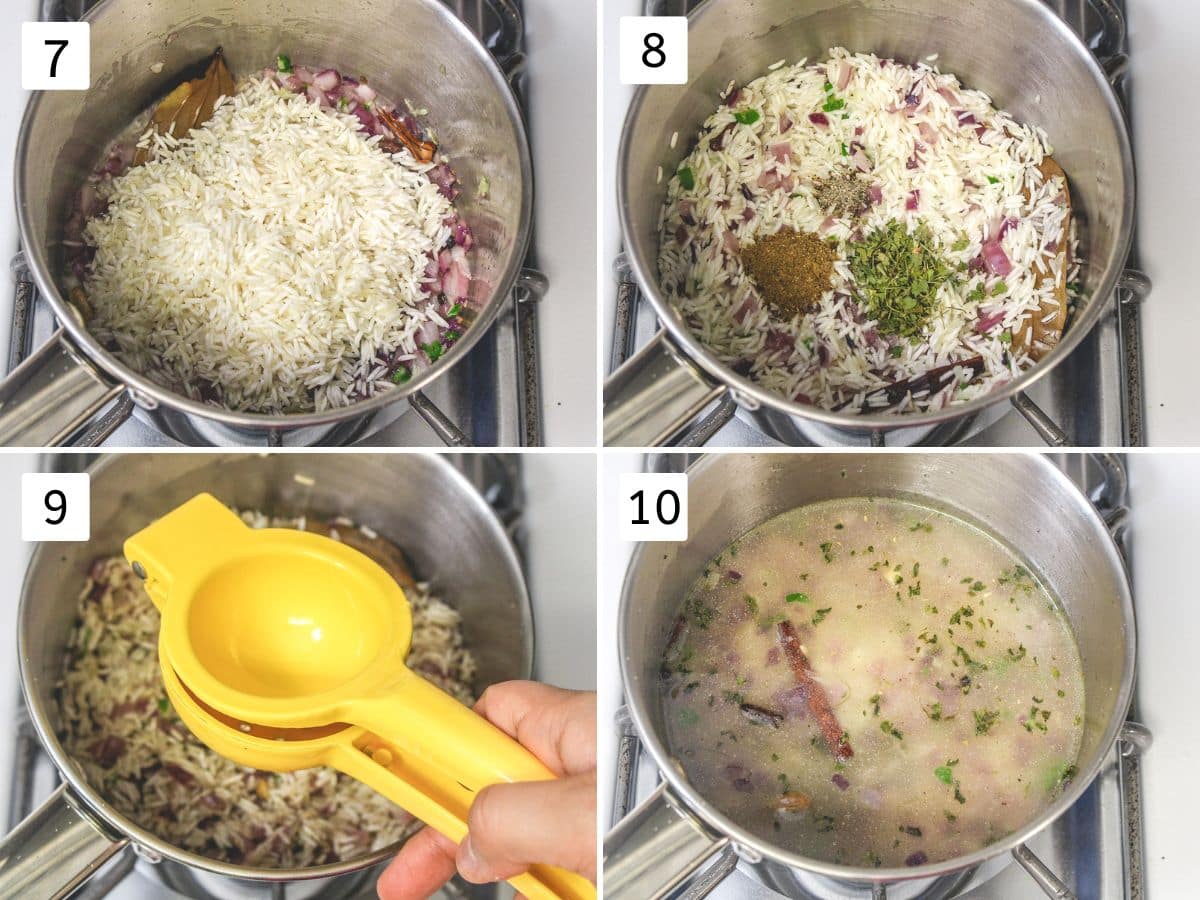 Collage of 4 images showing adding rice, spices, lemon juice and water.