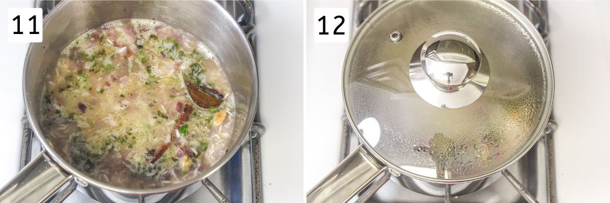 Collage of 2 images showing boiling water and pan is covered with a lid.