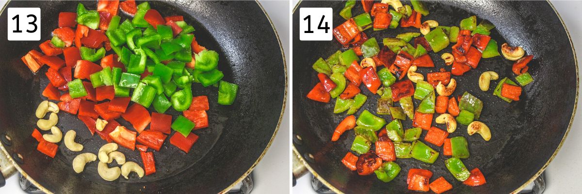 Collage of 2 images showing cooking peppers and cashews.