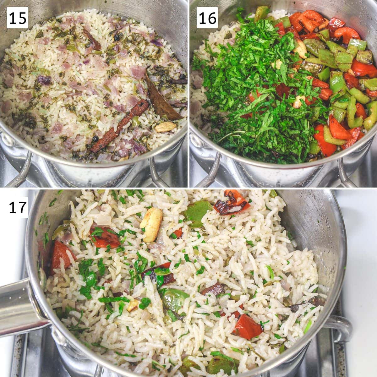 Collage of 3 images showing cooked rice, adding cooked peppers and herbs and mixed.