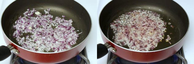 Collage of 2 images showing adding and cooking onion.