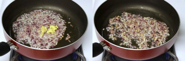 Collage of 2 images showing adding and sauteing ginger garlic paste.