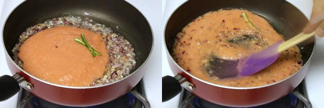 Collage of 2 images showing adding and mixing tomato puree.