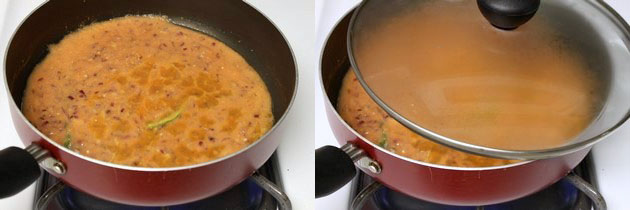Collage of 2 images showing simmering gravy and cooking covered.