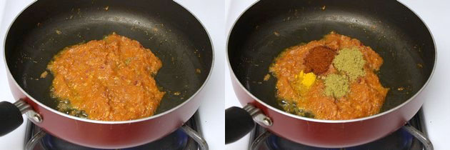 Collage of 2 images showing cooked onion tomato mixture and adding spice powders.