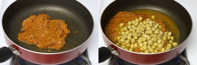 Collage of 2 images showing mixing spices and adding cooked chickpeas.