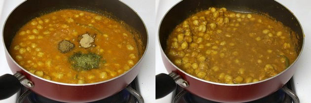 Collage of 2 images showing adding remaining spices and mixed.