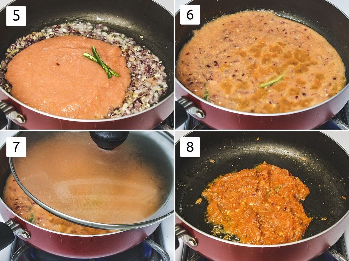 Collage of 4 images showing cooking tomato puree by covering the pan partially.