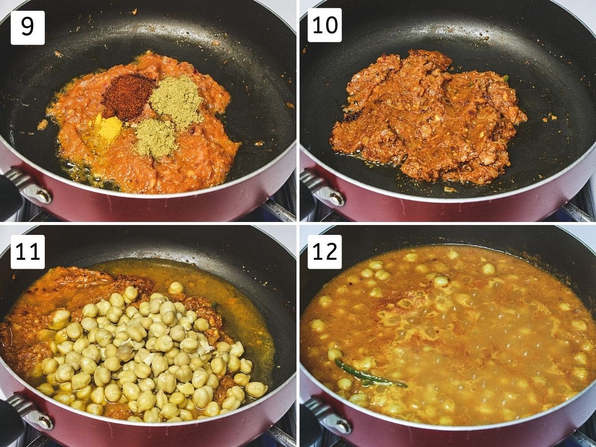 Collage of 4 images showing adding and mixing spices, adding and simmering chickpeas.