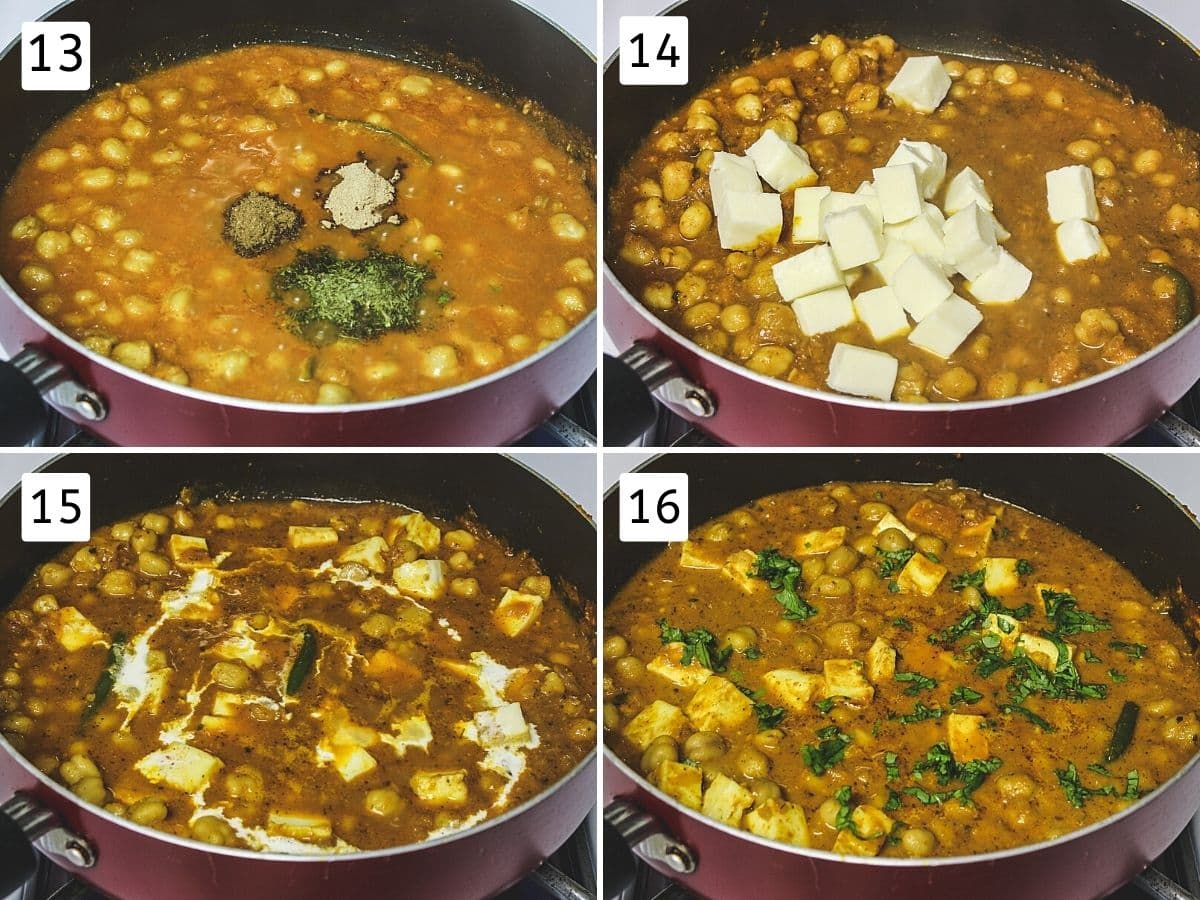 Collage of 4 images showing adding spices, paneer, creamy and cilantro.