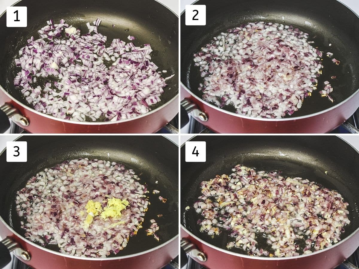 Collage of 4 images showing cooking onion and sauteing ginger garlic paste.