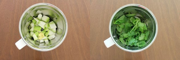 Chopped lauki, cilantro, mint leaves in the grinder jar