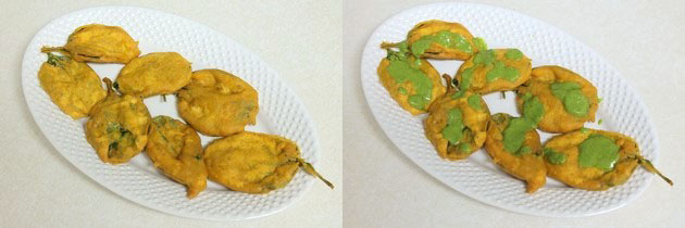 Collage of 2 images showing arranged palak pakora in a plate and drizzled with green chutney.
