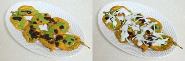 Collage of 2 images showing drizzle of meethi chutney and yogurt.
