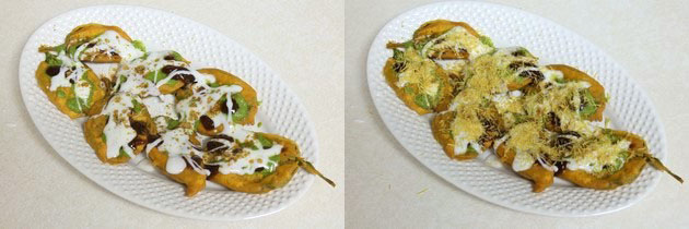 Collage of 2 images showing sprinkle of chaat masala and sev.