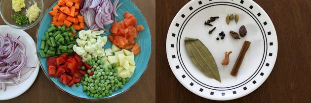 Collage of 2 images showing veggies in a plate and whole spices in a plate.