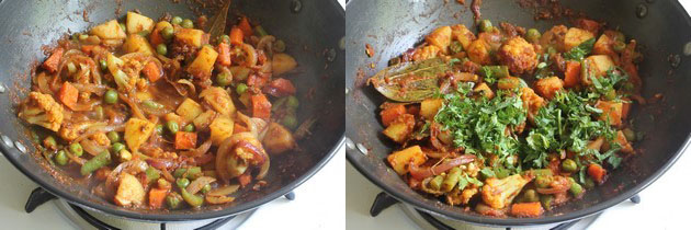 Collage of 2 images showing cooked veggies and adding cilantro, mint leaves.