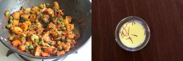 Collage of 2 images showing cooked veggies and saffron milk.