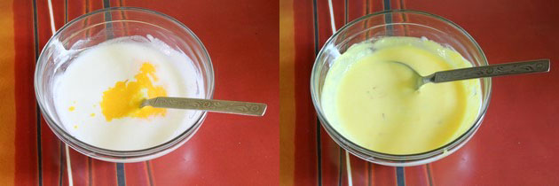 Collage of 2 images showing adding and mixing saffron milk into the yogurt.