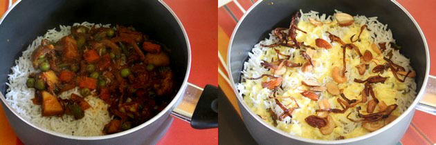 Collage of 2 images showing making layers of rice, veggies, drizzle of saffron yogurt, nuts and fried onion.
