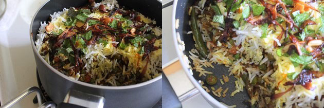 Collage of 2 images showing cooked biryani layers.