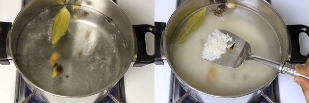 Collage of 2 images showing boiling water with whole spices and adding rice.