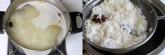 Collage of 2 images showing cooking rice and drained rice.