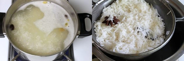 Collage of 2 images showing cooking rice and drained rice.
