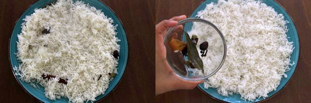 Collage of 2 images showing spreading rice in a plate and removing whole spices.