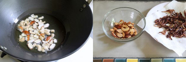 Collage of 2 images showing frying almonds and cashews.