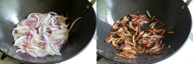 Collage of 2 images showing frying onion until golden brown.