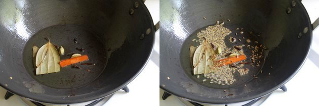 Collage of 2 images showing tempering of whole spices and cumin seeds.