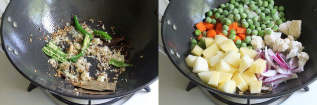 Collage of 2 images showing sauteing ginger, garlic, green chili and adding veggies.