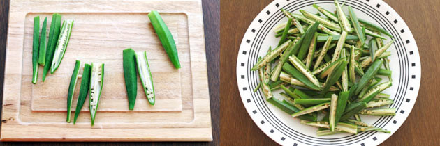 Collage of 2 images showing slicing okra and sliced okra in a plate.