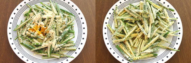 Collage of 2 images showing adding besan and turmeric powder and mixed.