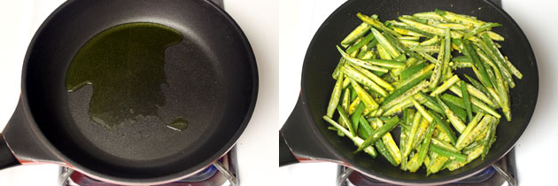 Collage of 2 images showing heating oil in a pan and adding okra.