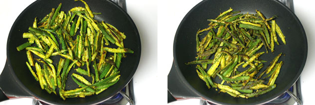 Collage of 2 images showing cooking okra.