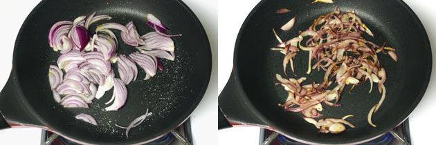 Collage of 2 images showing cooking onion.