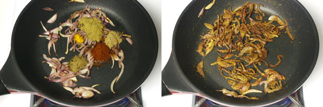 Collage of 2 images showing adding and mixing spice powders.