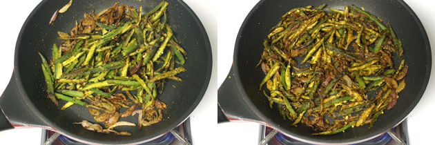Collage of 2 images showing adding and mixing cooked okra.