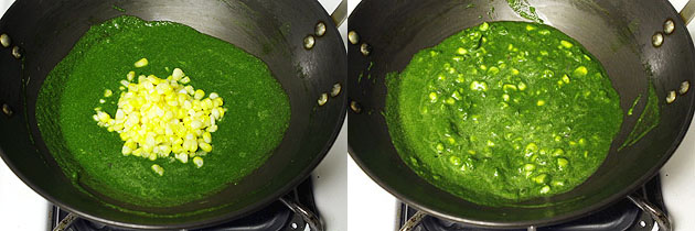 Collage of 2 images showing adding boiled corn and mixed.