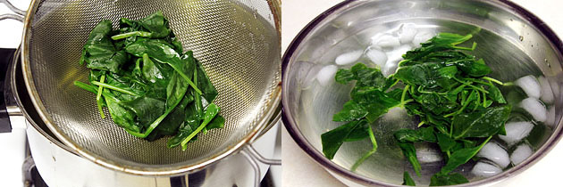 Collage of 2 images showing cooked spinach in a colander and adding to ice water.