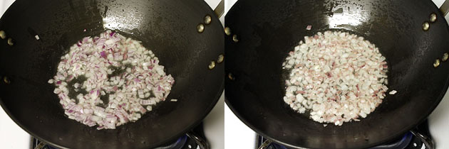 Collage of 2 images showing cooked onion.