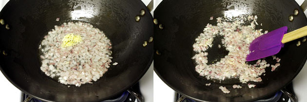 Collage of 2 images showing adding and sauteing ginger garlic.