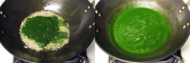 Collage of 2 images showing adding prepared puree and mixed.