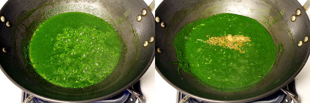 Collage of 2 images showing simmering gravy and adding garam masala.