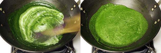 Collage of 2 images showing mixing yogurt and gravy.