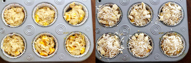 Eggless mango coconut muffins recipe with streusel topping