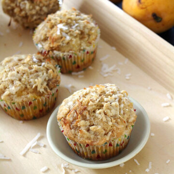 Eggless mango coconut muffins recipe with streusel topping