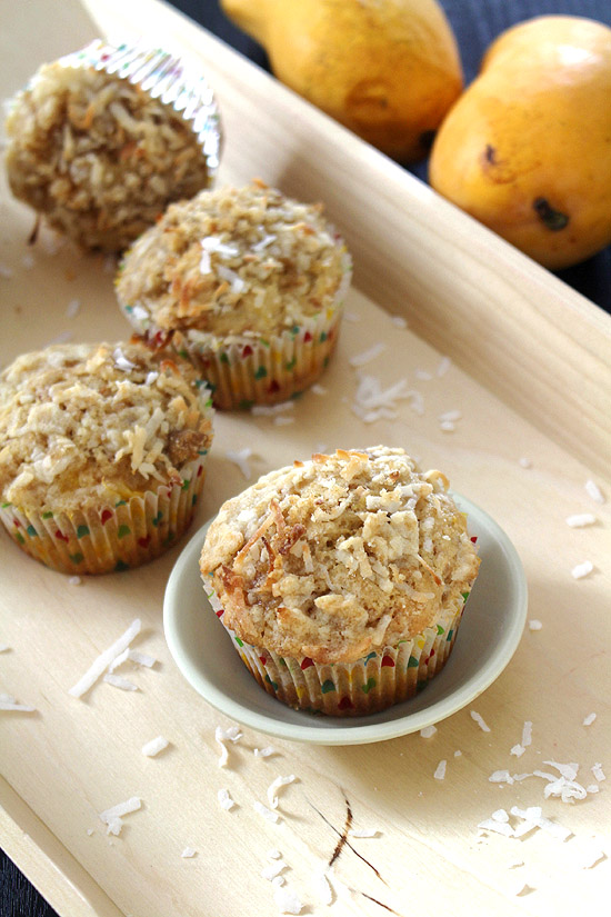 Eggless mango coconut muffins recipe with streusel topping